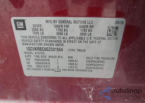 2016 Chevrolet Silverado 1500 1Lt from USA, damaged, VIN 1GCVKREC8GZ301564